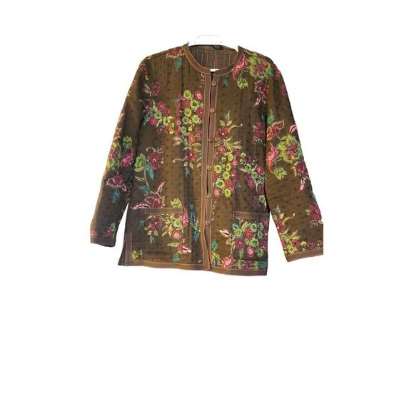 Jackets & Blazers - Vintage Quilted Reversible Women's Cottagecore Boho Jacket Brown Floral/Striped